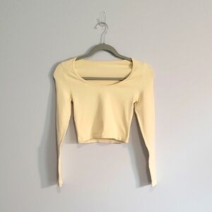 OQQ Womens Longsleeve Crop Top Round Neck Fitted Beige XL NEW